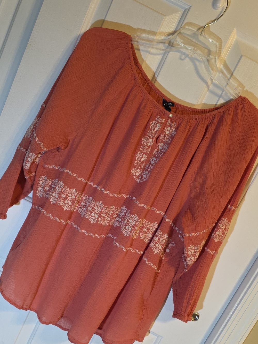 Chaps Terracotta Peasant Tunic with Cream Embroidery
